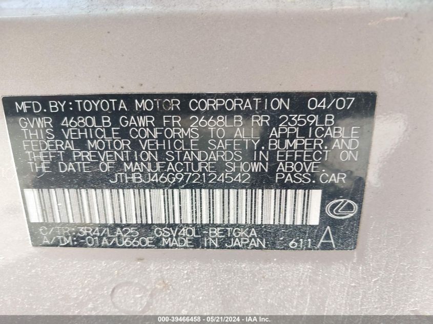 2007 Lexus Es 350 VIN: JTHBJ46G972124542 Lot: 39466458