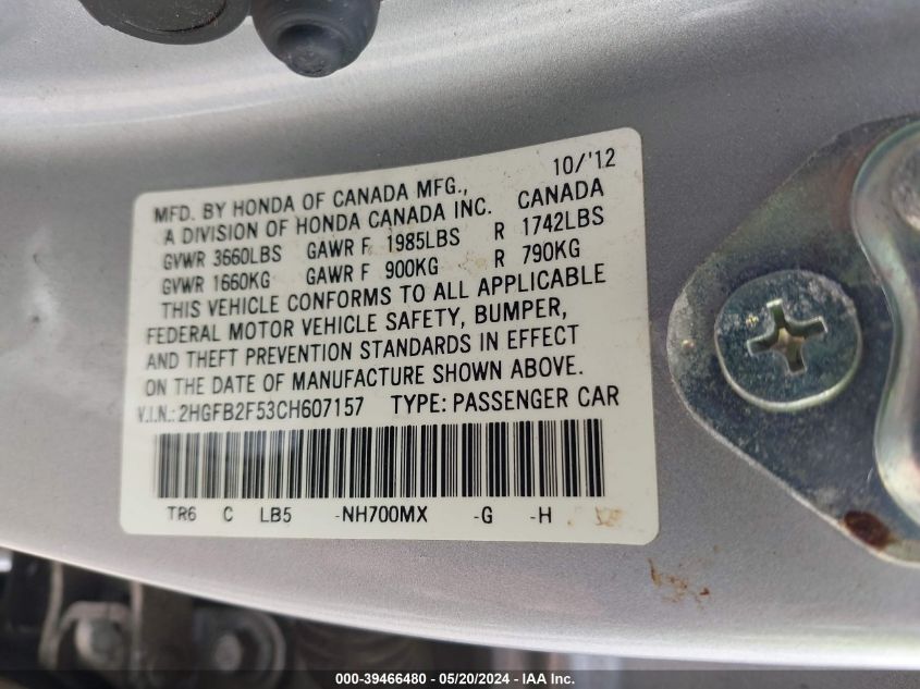 2012 Honda Civic Lx VIN: 2HGFB2F53CH607157 Lot: 39466480