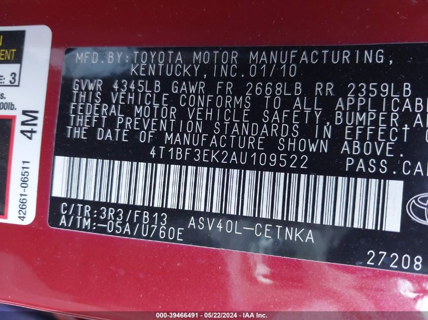2010 Toyota Camry Le VIN: 4T1BF3EK2AU109522 Lot: 39466491