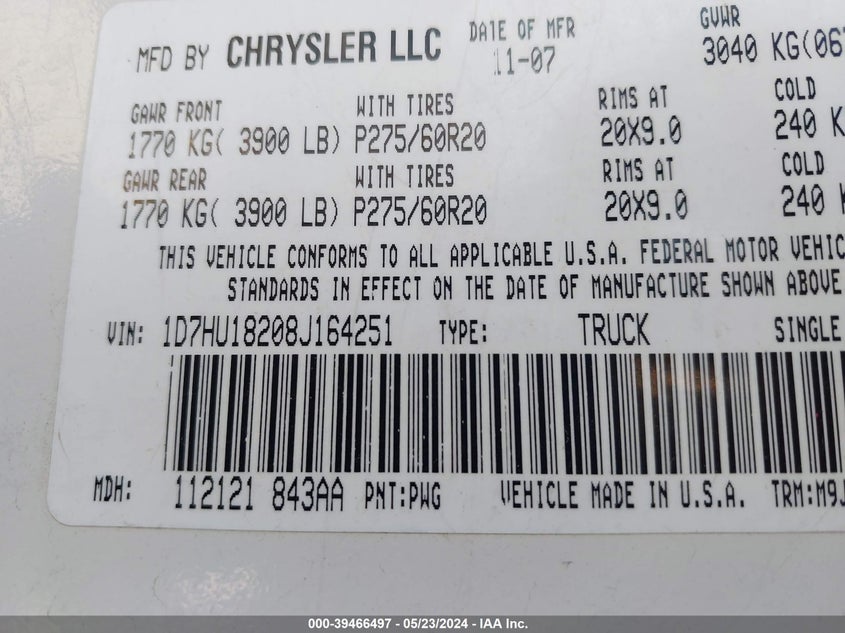 2008 Dodge Ram 1500 Slt VIN: 1D7HU18208J164251 Lot: 39466497