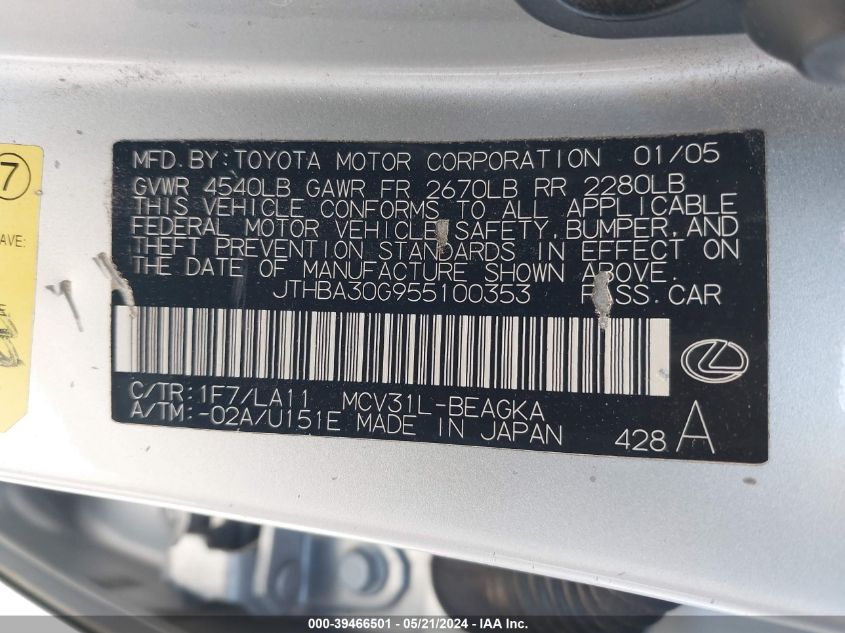 2005 Lexus Es 330 VIN: JTHBA30G955100353 Lot: 39466501