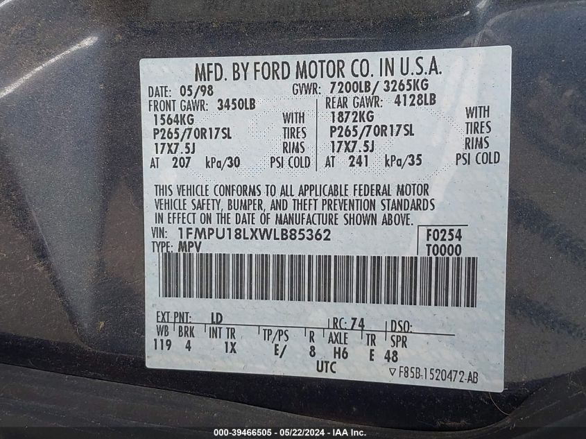 1998 Ford Expedition Eddie Bauer/Xlt VIN: 1FMPU18LXWLB85362 Lot: 39466505