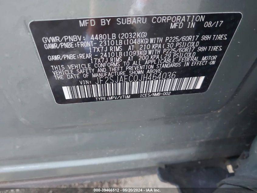2018 Subaru Forester 2.5I Premium VIN: JF2SJAEC0JH464036 Lot: 39466512