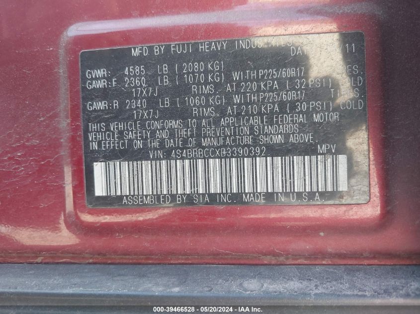 2011 Subaru Outback 2.5I Premium VIN: 4S4BRBCCXB3390392 Lot: 39466528