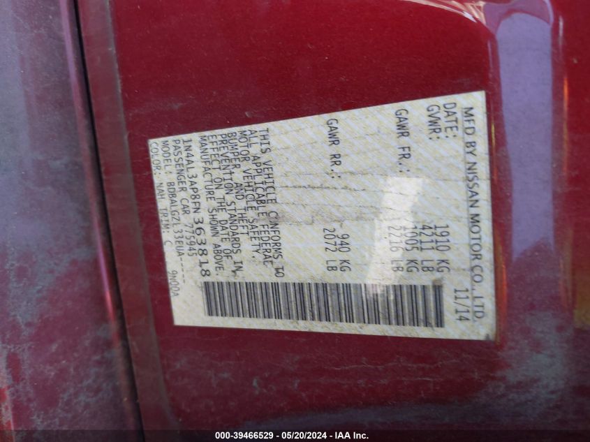 2015 Nissan Altima 2.5/2.5 S/2.5 Sl/2.5 Sv VIN: 1N4AL3AP8FN363818 Lot: 39466529