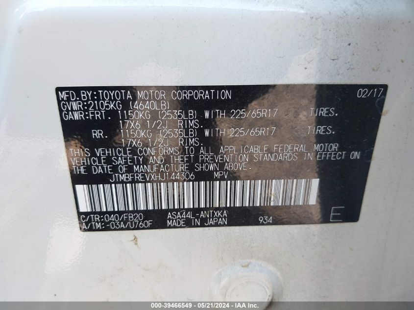 2017 Toyota Rav4 Le VIN: JTMBFREVXHJ144306 Lot: 39466549