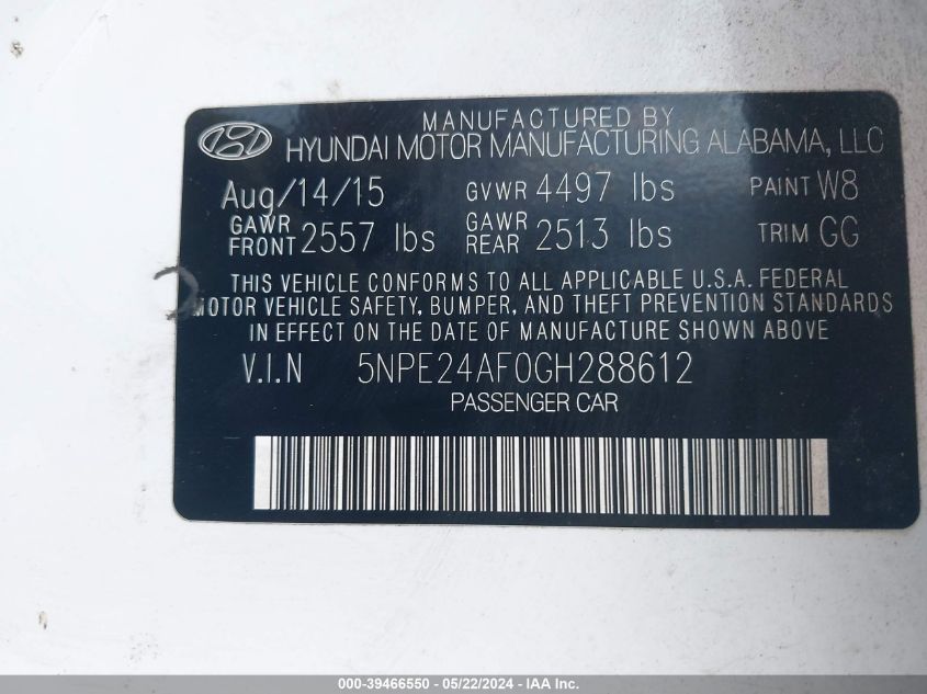 2016 Hyundai Sonata Se VIN: 5NPE24AF0GH288612 Lot: 39466550