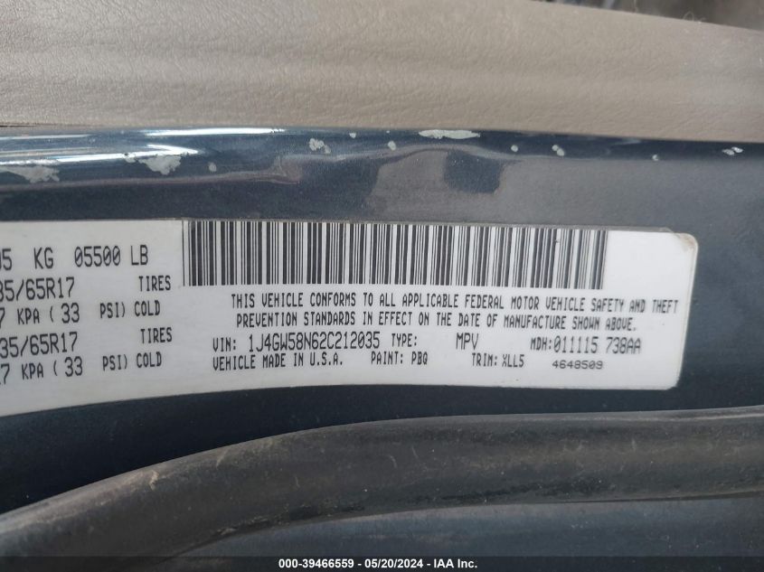 2002 Jeep Grand Cherokee Limited VIN: 1J4GW58N62C212035 Lot: 39466559