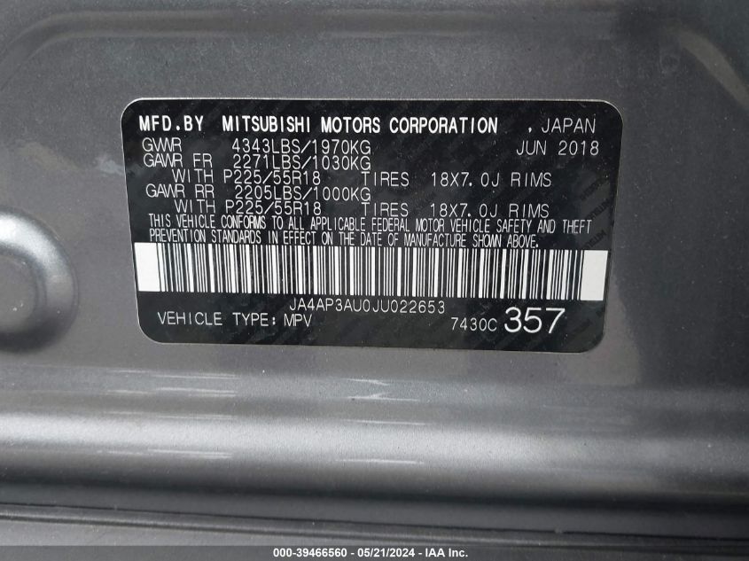 2018 Mitsubishi Outlander Sport 2.0 Es/2.0 Le VIN: JA4AP3AU0JU022653 Lot: 39466560