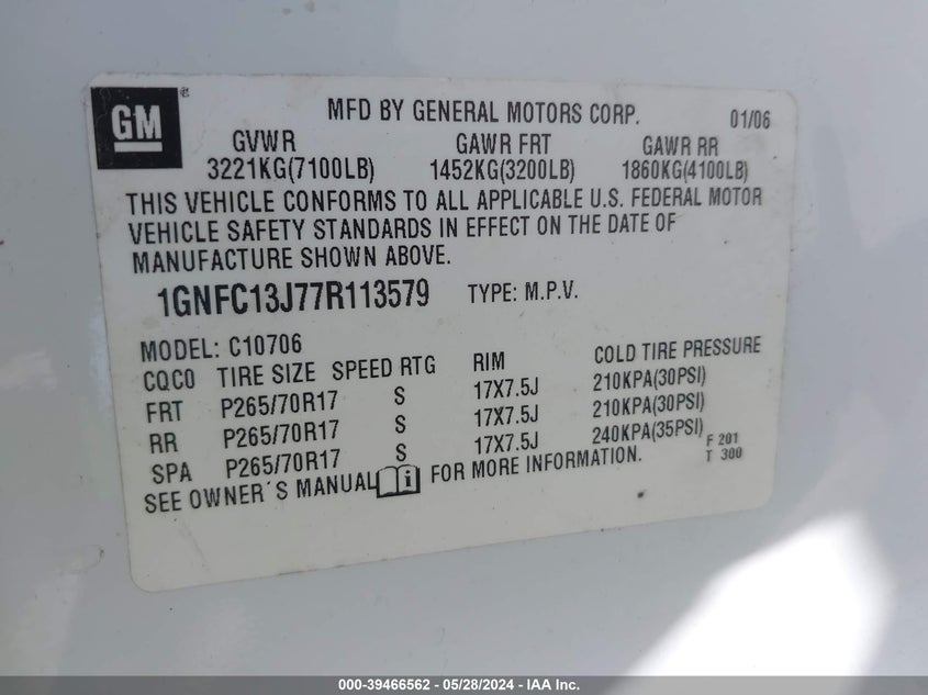 2007 Chevrolet Tahoe Ls VIN: 1GNFC13J77R113579 Lot: 39466562