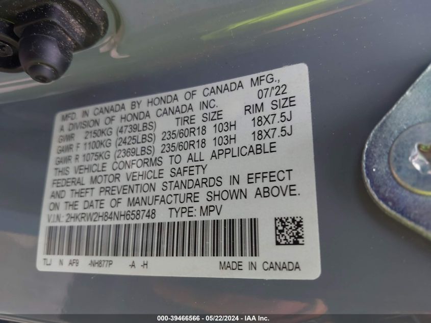 2022 Honda Cr-V Awd Ex-L VIN: 2HKRW2H84NH658748 Lot: 39466566