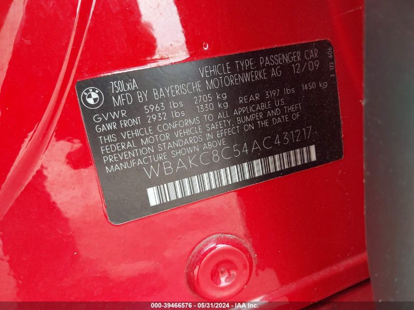 2010 BMW 750Li xDrive VIN: WBAKC8C54AC431217 Lot: 39466576