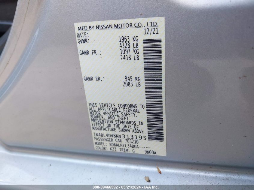 2022 Nissan Altima Sv Fwd VIN: 1N4BL4DV8NN313195 Lot: 39466592