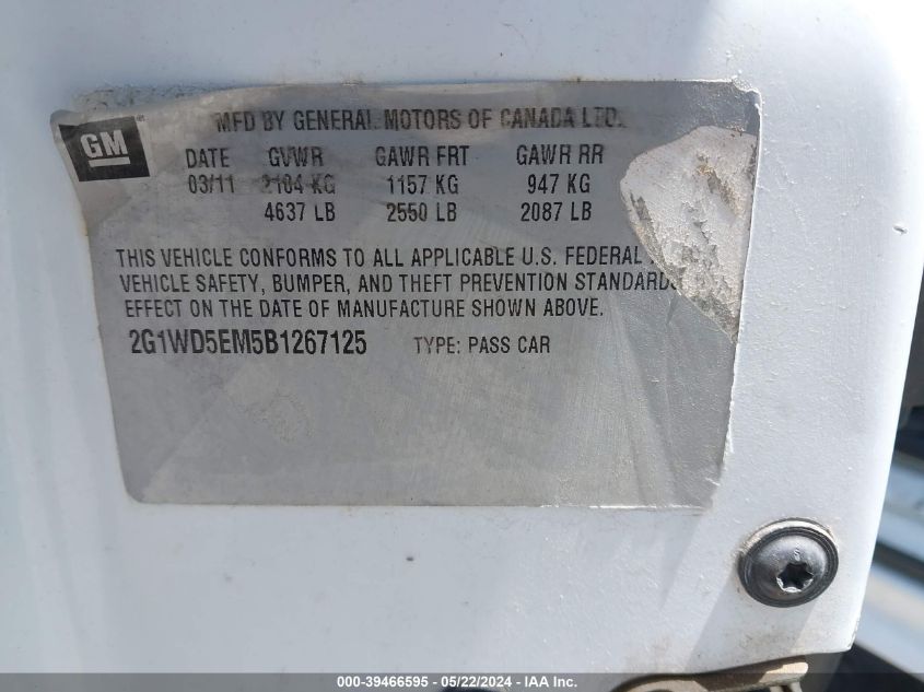 2011 Chevrolet Impala Police VIN: 2G1WD5EM5B1267125 Lot: 39466595