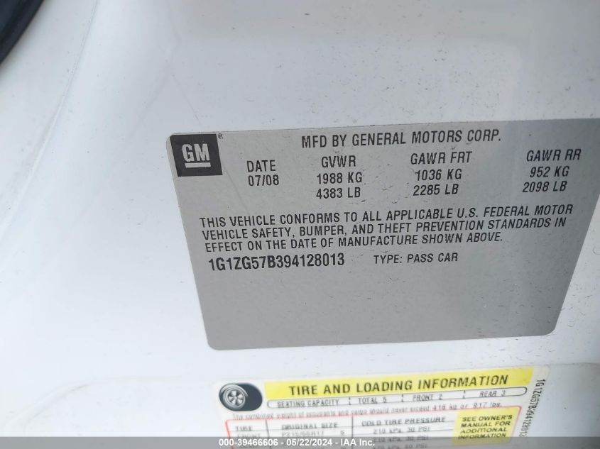 2009 Chevrolet Malibu Ls VIN: 1G1ZG57B394128013 Lot: 39466606