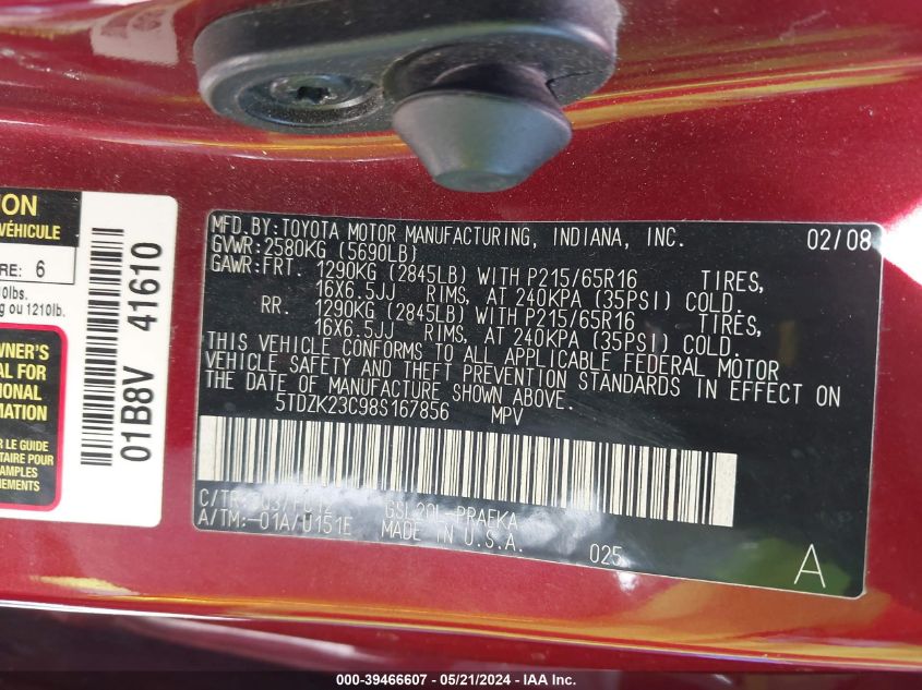 2008 Toyota Sienna Le VIN: 5TDZK23C98S167856 Lot: 39466607