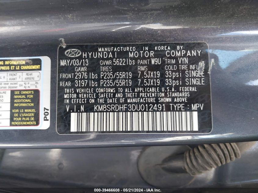 2013 Hyundai Santa Fe Limited VIN: KM8SRDHF3DU012491 Lot: 39466608