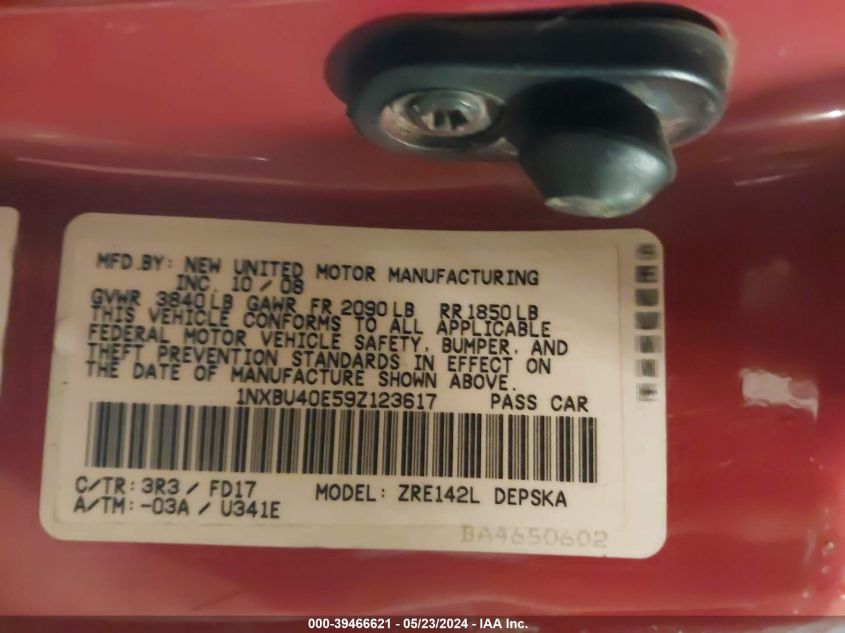 2009 Toyota Corolla S VIN: 1NXBU40E59Z123617 Lot: 39466621