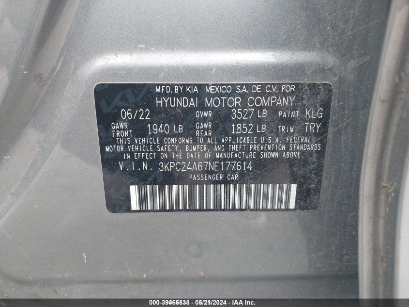 2022 Hyundai Accent Se VIN: 3KPC24A67NE177614 Lot: 39466635