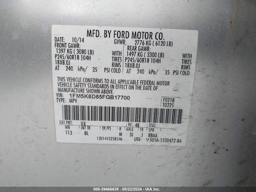 2015 Ford Explorer Xlt VIN: 1FM5K8D85FGB17700 Lot: 39466639