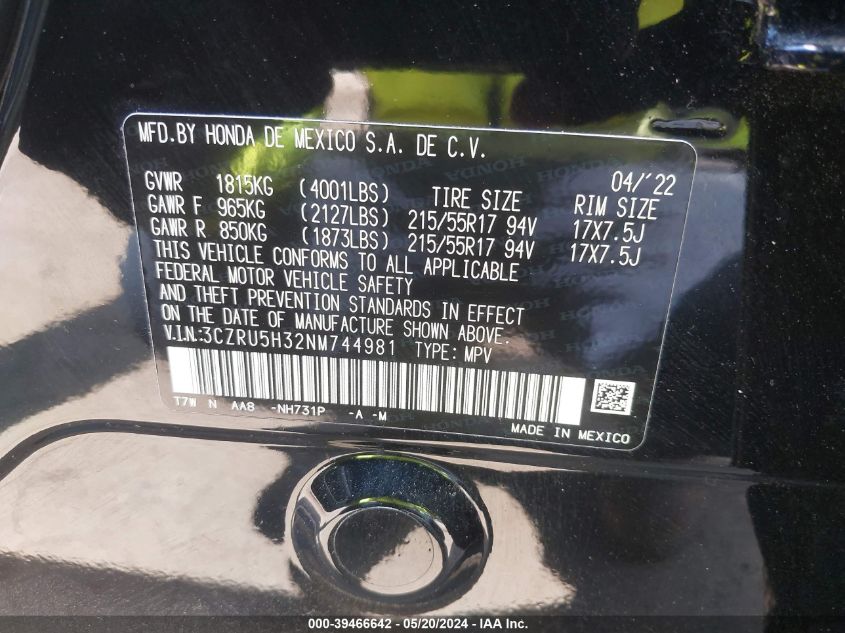 2022 Honda Hr-V 2Wd Lx VIN: 3CZRU5H32NM744981 Lot: 39466642