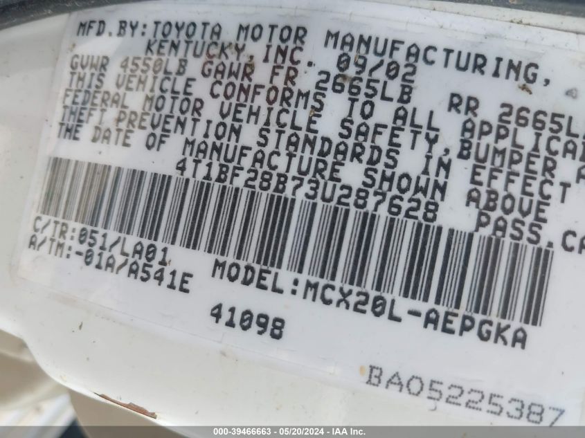 2003 Toyota Avalon Xls VIN: 4T1BF28B73U287628 Lot: 39466663