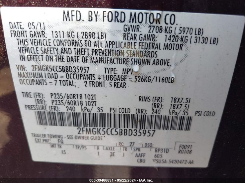 2011 Ford Flex Sel VIN: 2FMGK5CC5BBD35957 Lot: 39466691