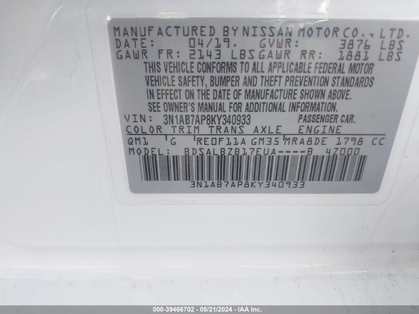 VIN 3N1AB7AP8KY340933 2019 NISSAN SENTRA S