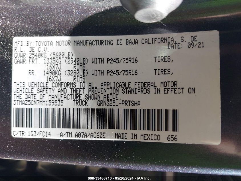2021 Toyota Tacoma Sr5 V6 VIN: 3TMAZ5CN7MM159535 Lot: 39466710