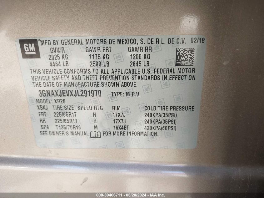 2018 Chevrolet Equinox Lt VIN: 3GNAXJEVXJL291970 Lot: 39466711