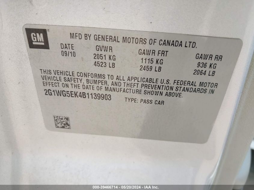 2011 Chevrolet Impala Lt VIN: 2G1WG5EK4B1139903 Lot: 39466714