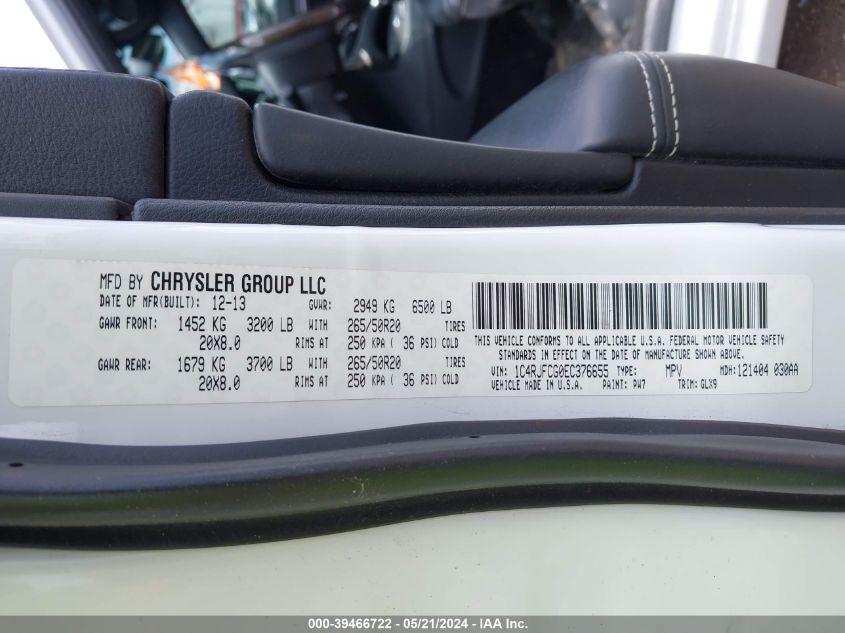 2014 Jeep Grand Cherokee Overland VIN: 1C4RJFCG0EC376655 Lot: 39466722