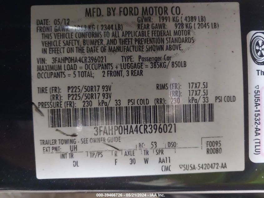 2012 Ford Fusion Se VIN: 3FAHP0HA4CR396021 Lot: 39466726