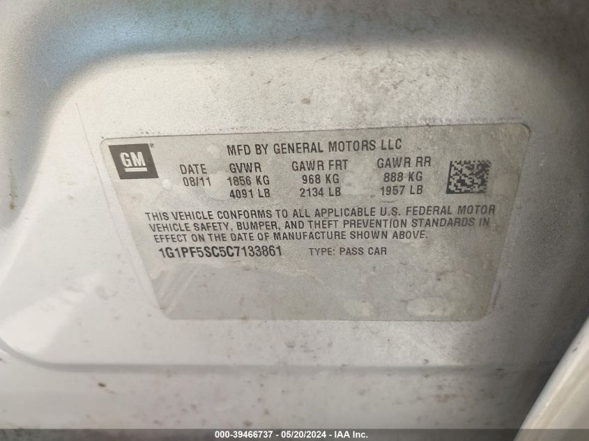 2012 Chevrolet Cruze 1Lt VIN: 1G1PF5SC5C7133861 Lot: 39466737