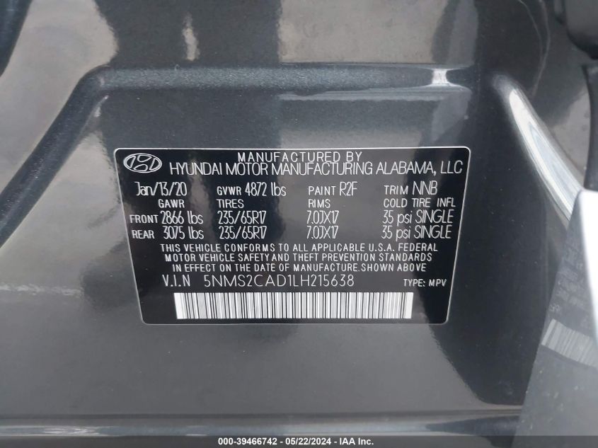 2020 Hyundai Santa Fe Se VIN: 5NMS2CAD1LH215638 Lot: 39466742