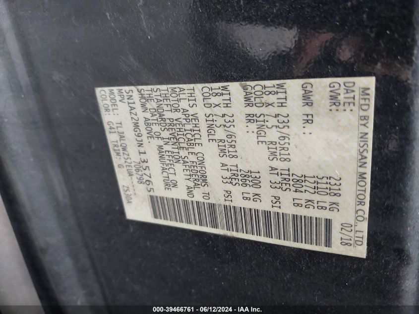 2018 Nissan Murano Sv VIN: 5N1AZ2MG9JN135765 Lot: 39466761