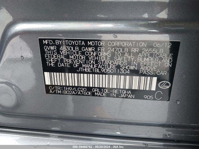 2013 Lexus Gs 350 VIN: JTHBE1BL9D5011304 Lot: 39466762