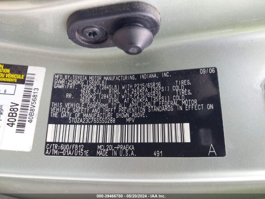 2006 Toyota Sienna Ce VIN: 5TDZA23C76S550288 Lot: 39466780