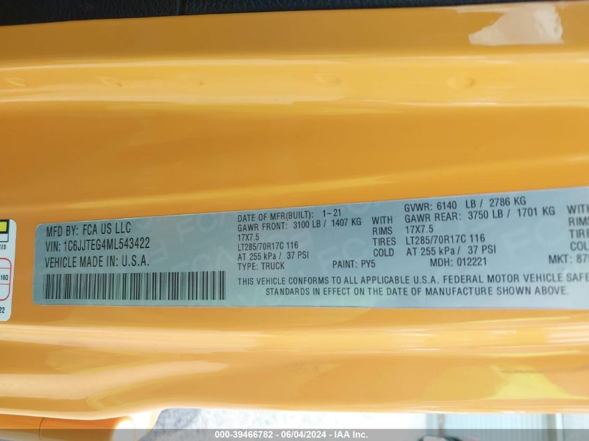 2021 Jeep Gladiator Mojave 4X4 VIN: 1C6JJTEG4ML543422 Lot: 39466782