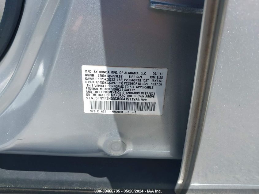 2012 Honda Pilot Ex-L VIN: 5FNYF3H55CB004151 Lot: 39466785