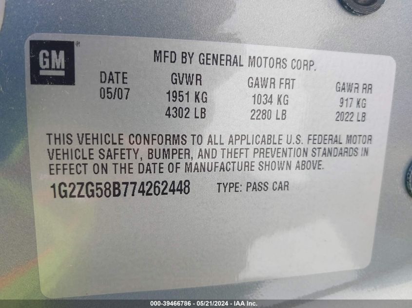 2007 Pontiac G6 VIN: 1G2ZG58B774262448 Lot: 39466786