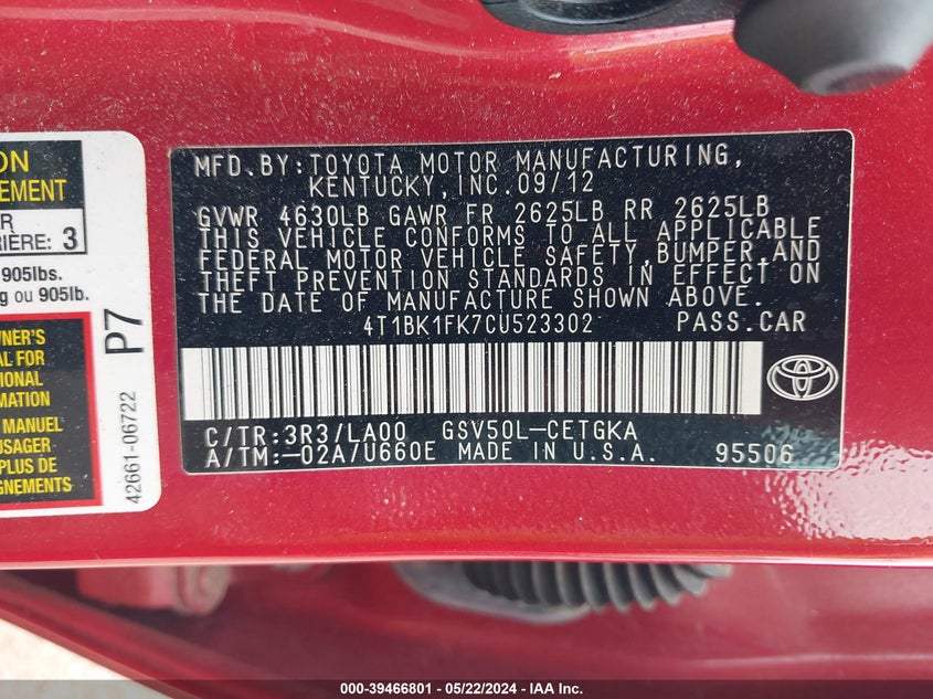 2012 Toyota Camry Xle V6 VIN: 4T1BK1FK7CU523302 Lot: 39466801