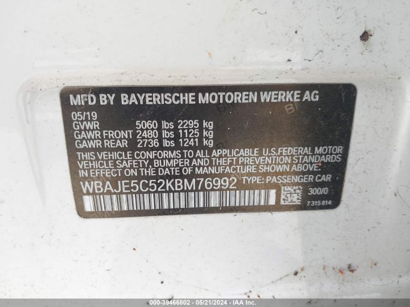2019 BMW 540I I VIN: WBAJE5C52KBM76992 Lot: 39466802