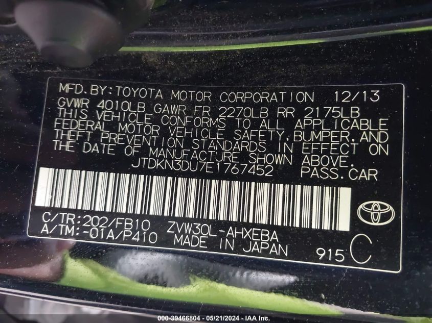 2014 Toyota Prius Two VIN: JTDKN3DU7E1767452 Lot: 39466804