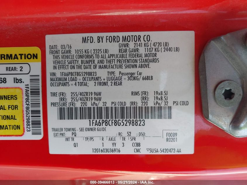 2016 Ford Mustang Gt VIN: 1FA6P8CF8G5298823 Lot: 39466813