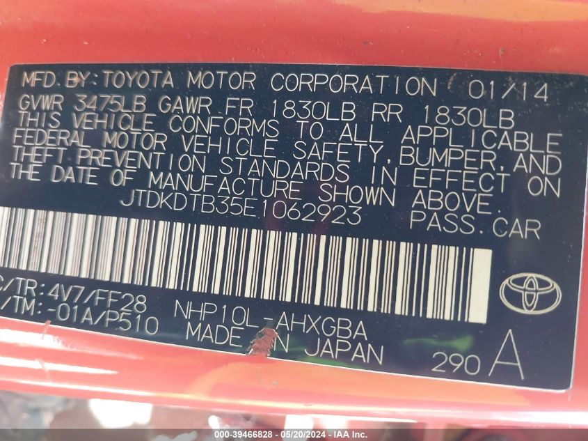 2014 Toyota Prius C Three VIN: JTDKDTB35E1062923 Lot: 39466828