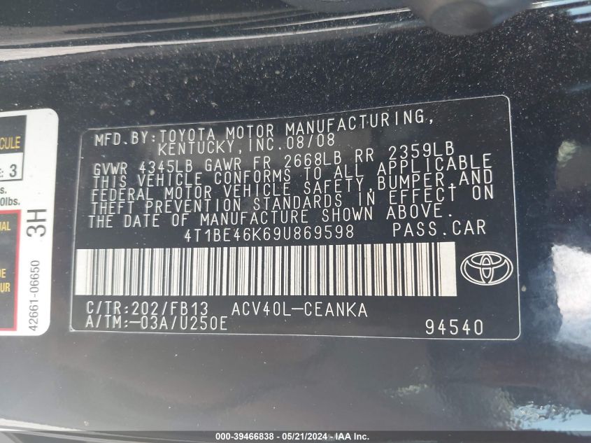 2009 Toyota Camry VIN: 4T1BE46K69U869598 Lot: 39466838