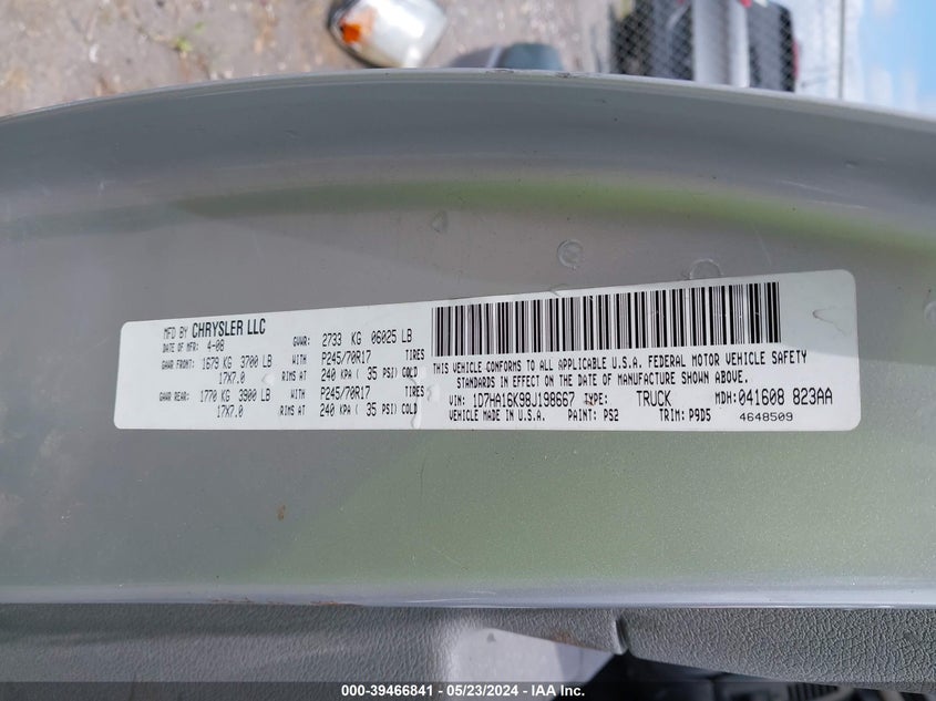 2008 Dodge Ram 1500 St/Sxt VIN: 1D7HA16K98J198667 Lot: 39466841