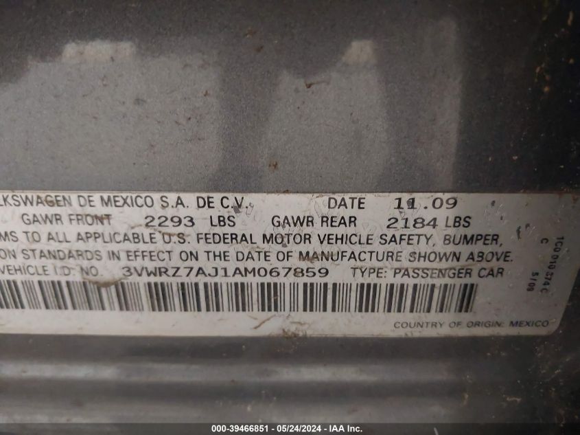 2010 Volkswagen Jetta Se VIN: 3VWRZ7AJ1AM067859 Lot: 39466851