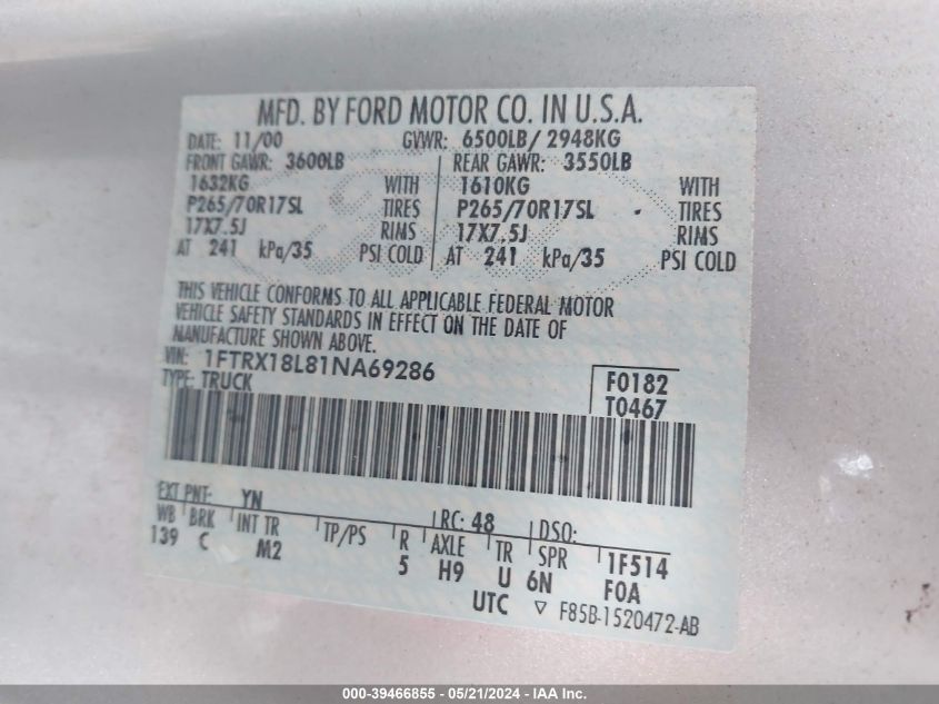2001 Ford F-150 Lariat/Xl/Xlt VIN: 1FTRX18L81NA69286 Lot: 39466855